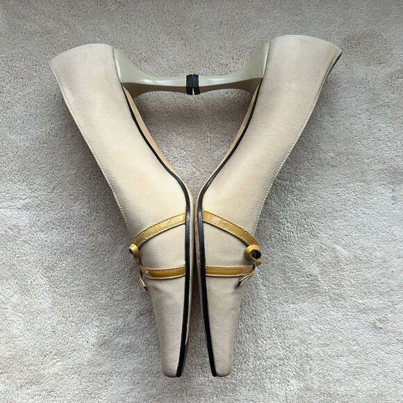 VanEli Wheat Taffeta With Gold Patent Leather Bow Heel Pump Women 7 M Classic - Picture 5 of 15